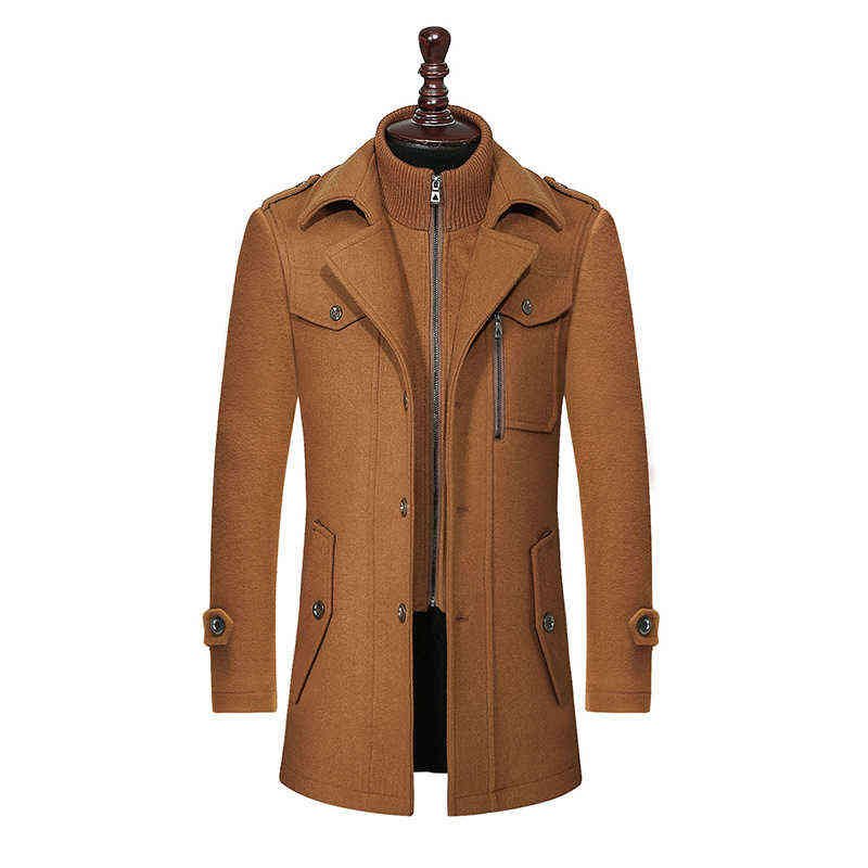 Men Woolen Blends Coats Autumn Winter Solid Color Windproof Mens Wool Overcoat Double Collar Business Casual Trench Men's Coat 211122