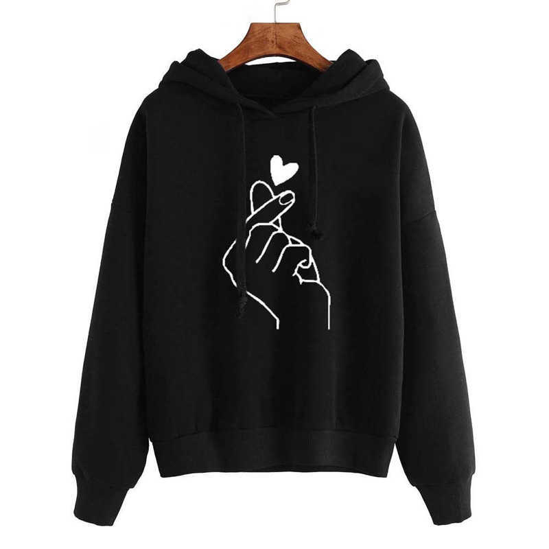 Harajuku Women's Sweatshirt and Hoody Ladies Oversize K Pop Yellow Pink Love Heart Finger Hood Casual Hoodies for Women Girls 210910