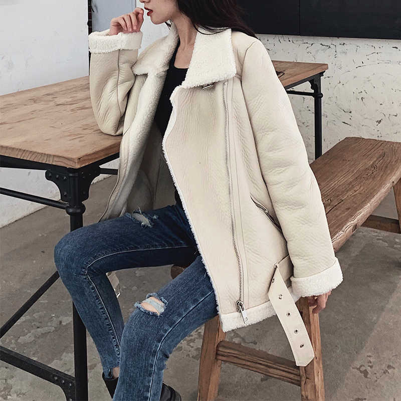 Ly Varey Lin Women Lamb Fur Faux Leather Jacket Coat Turn Down Collar Winter Thick Warm Oversized Zipper With Belt Outerwear 210526