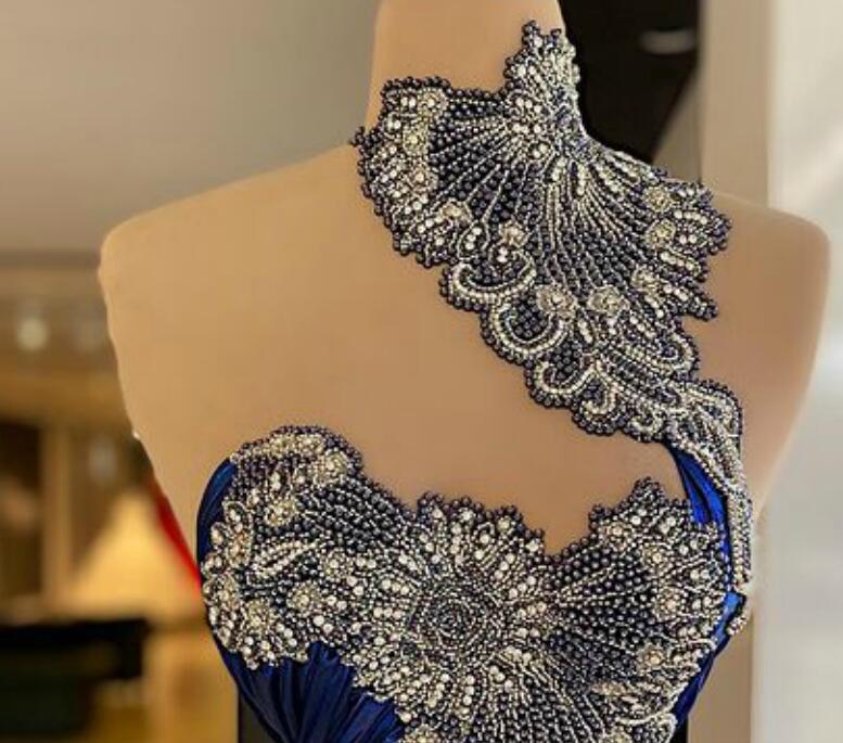 Aso Ebi 2021 Arabic Royal Blue Luxurious Evening Dresses Beaded Crystals Prom Dresses High Split Formal Party Second Reception Gowns ZJ466