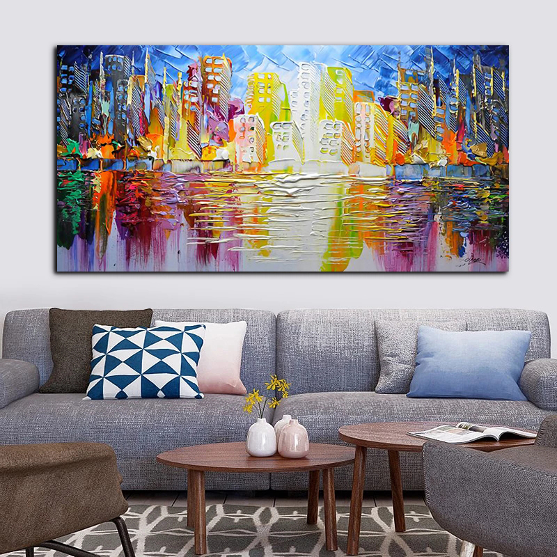 Oil Painting Printed On Canvas Prints City Building Colorful Rain City Landscape Pictures Wall Art For Living Room Home Decor