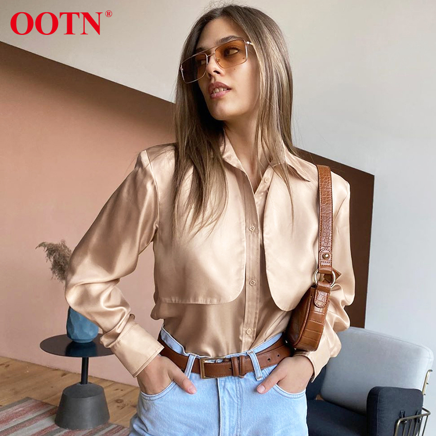OOTN Casual Turn Down Collar Office Ladies Satin Shirt Female Blouse Button Elegant Womens Tops And Blouses Autumn Fashion 210225