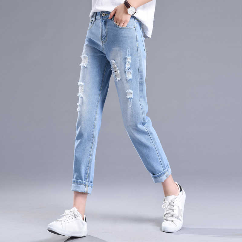 Ripped Jeans For Women Black Mom High Waist Ankle Crop Vintage Baggy Denim Pants Loose Korean Green 210809