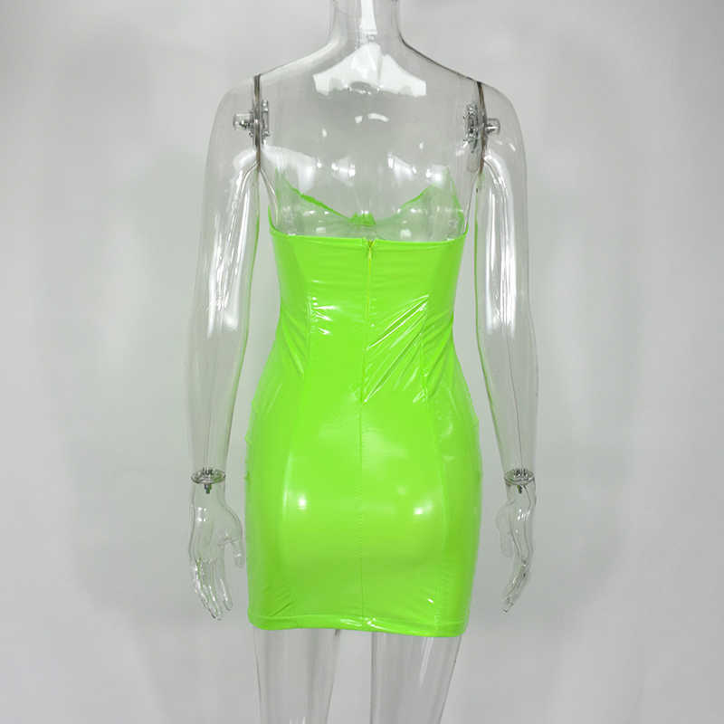 Colysmo PU Leather Party Dress Women Neon Pink Backless Club Sexy Transparent Straps Padded Low Cut Mini es Vestidos 210527