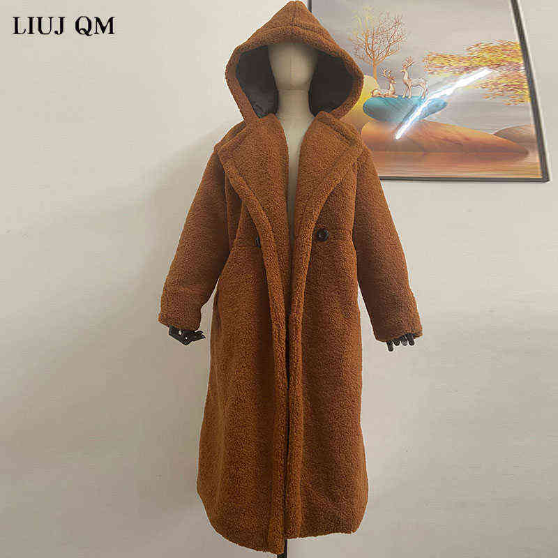 Teddy Bear Winter Clothes For Women Black Belted Wool Coat Hooded Long Parkas Female Warm Oversized Jacket Fur Coats 211123