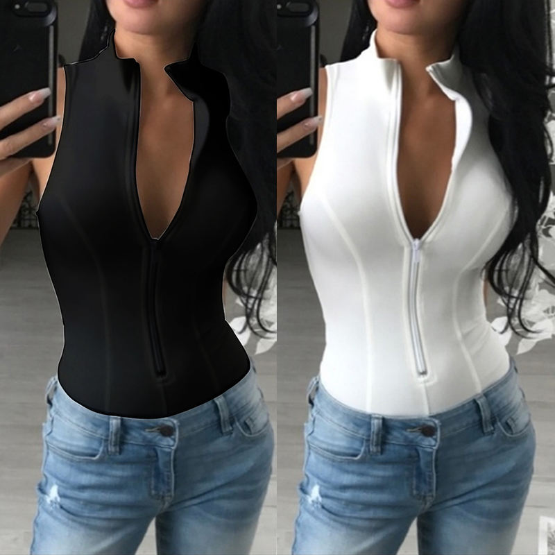 Casual Zip-Up Sleeveless T-Shirt top crops women solid color tight models casual basic models peplum tops for women women 210308