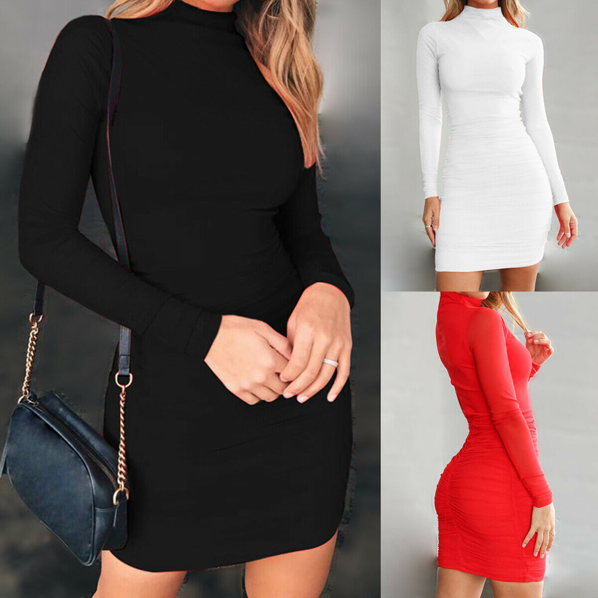 New Women High Neck Bodycon Mini Dress Autumn Fashion Long Sleeve Solid Slim Sheath Clubwear Party Pencil Dress, Red
New Women High Neck Bodycon Mini Dress Autumn Fashion Long Sleeve Solid Slim Sheath Clubwear Party Pencil Dress, Red