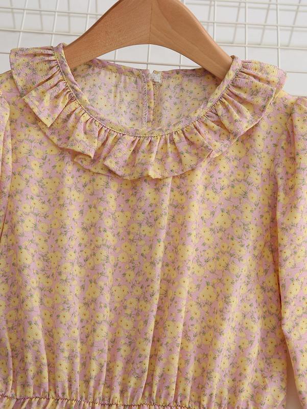 Girls Ditsy Floral Bishop Sleeve Ruffle Trim Dress SHE