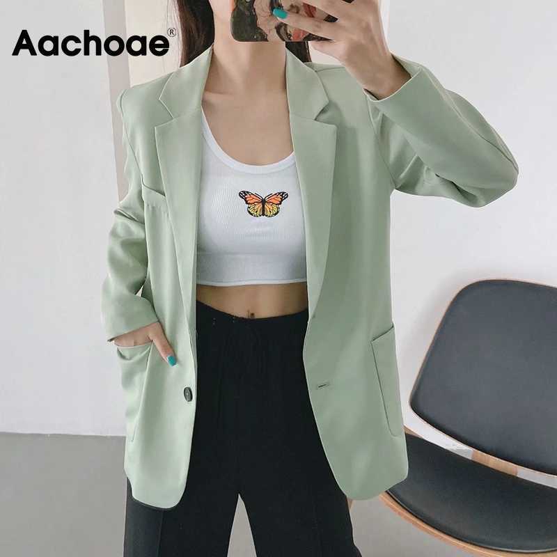 Aachoae Green Color Casual Blazer Women Big Pockets Long Sleeve Jacket Female Notched Collar Office Wear Ropa De Mujer 210930
