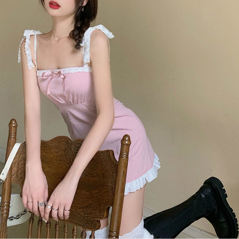 Lace Pink Girls Dress Waist Hugging Slimming French Dress Summer Style Temperament Dress 210303