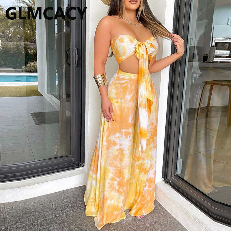 Two Piece Sexy Suits Tie Front Tube Top & Wide Leg Loose Pants Set Summer Beach Outfits 210702