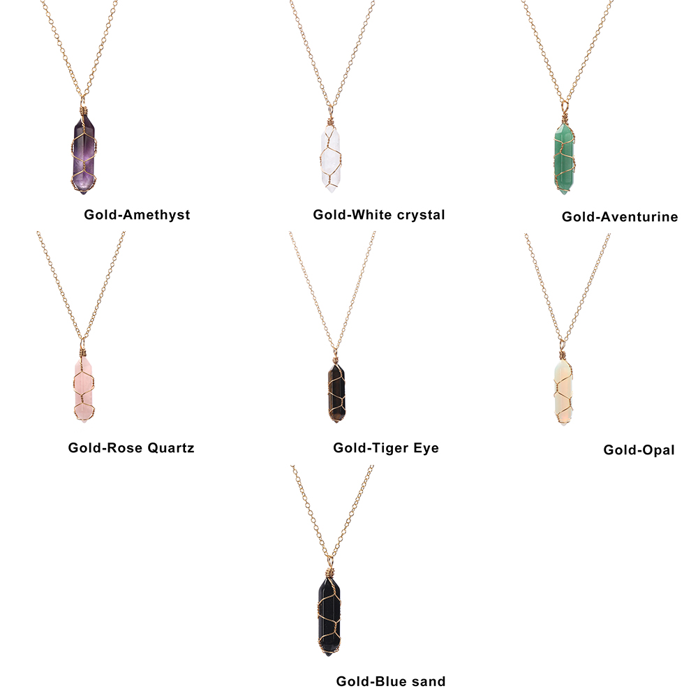 Hexagonal Cylindrical Crystal Necklace Natural Stone Pendant Wire Wrap Necklace for Women Men Fashion Jewelry