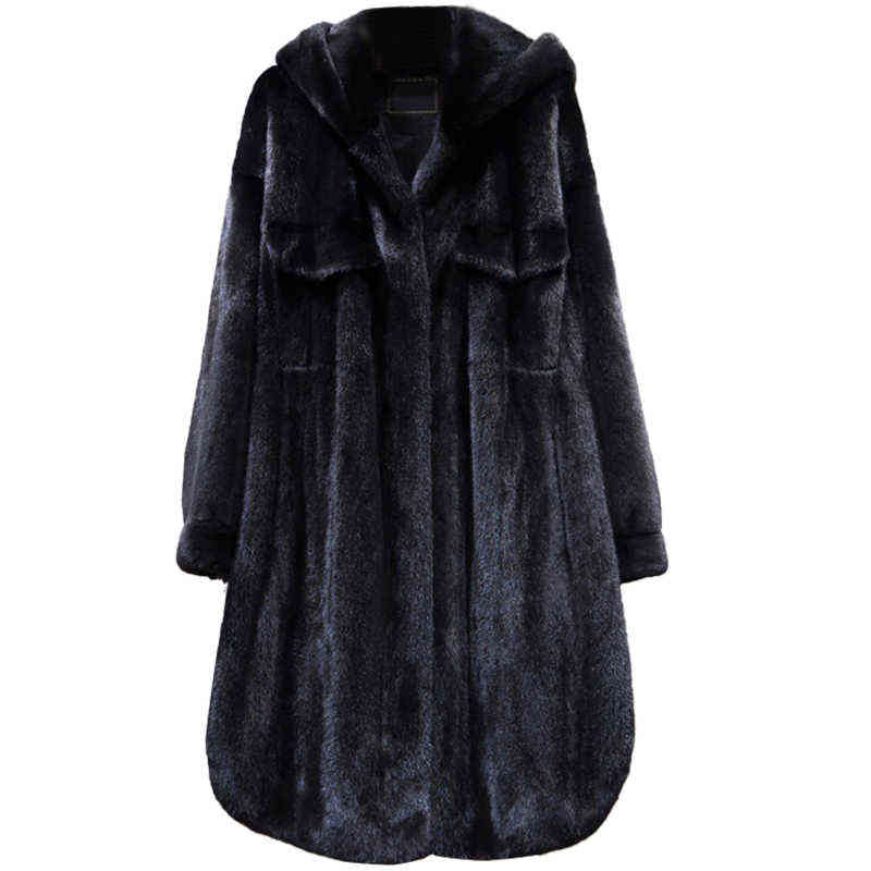 Lautaro Winter Long Black Thick Warm Faux Mink Fur Coat Women with Hood Long Sleeve Korean Fashion Fluffy Jacket One Size 211123
