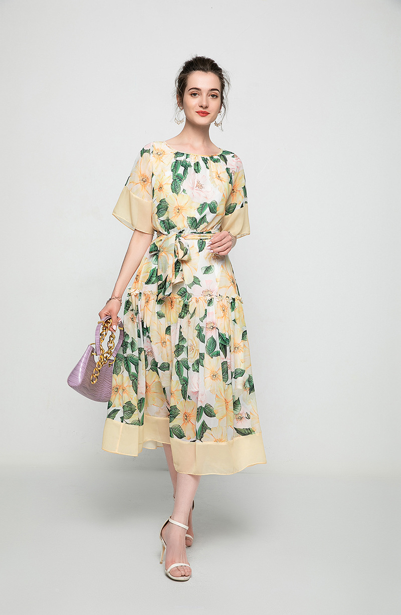 Women's Runway Dresses O Neck Short Sleeves Printed Ruffles Patchwork Fashion Mid Dress with Sash Belt