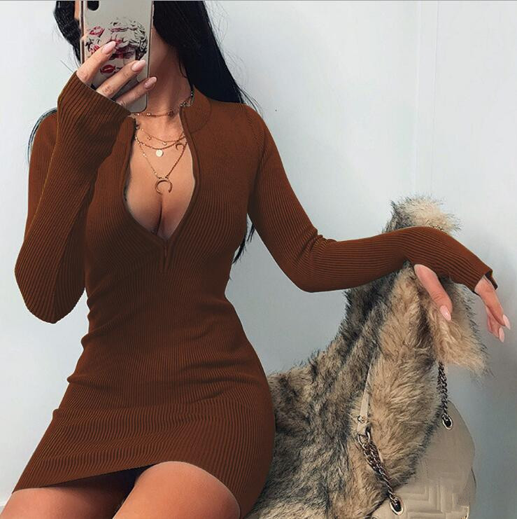women winter fall bodycon ribbed dress new stand collar zipper deep vneck solid stretch bodycon pencil party mini vestido