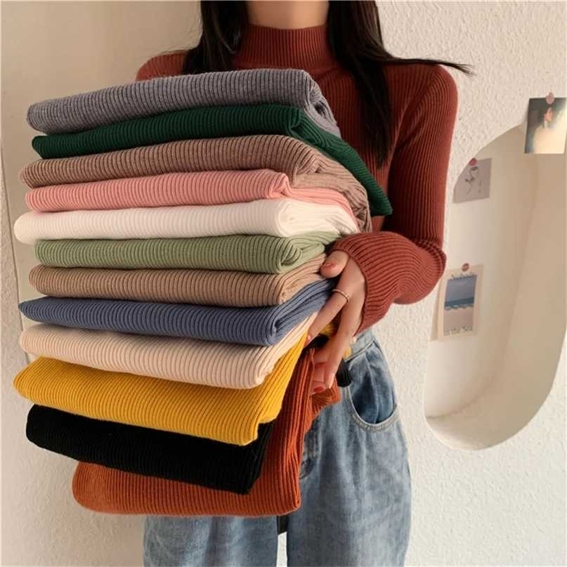 Spring Autumn Turtleneck Pullovers Sweaters Basic Women Long Sleeve Korean Slim Casual Jumper Female Knitted Top 211011Z