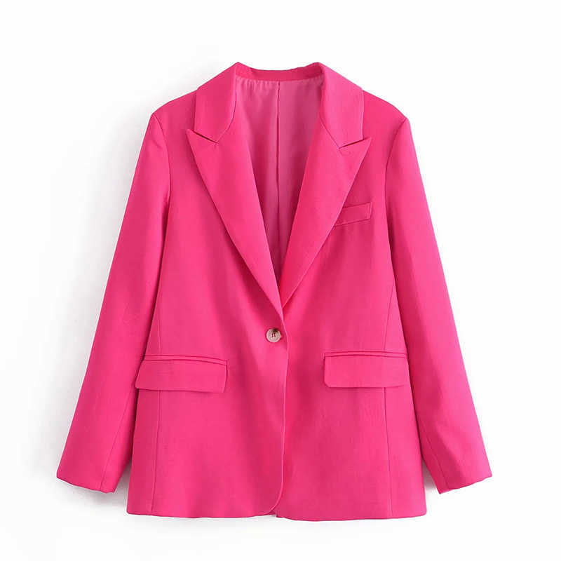 TRAF Za Women Blazer Fashion Office Ladies Jackets Coat Female Rose Red Long Sleeve Loose Single Button Girls Chic 210826