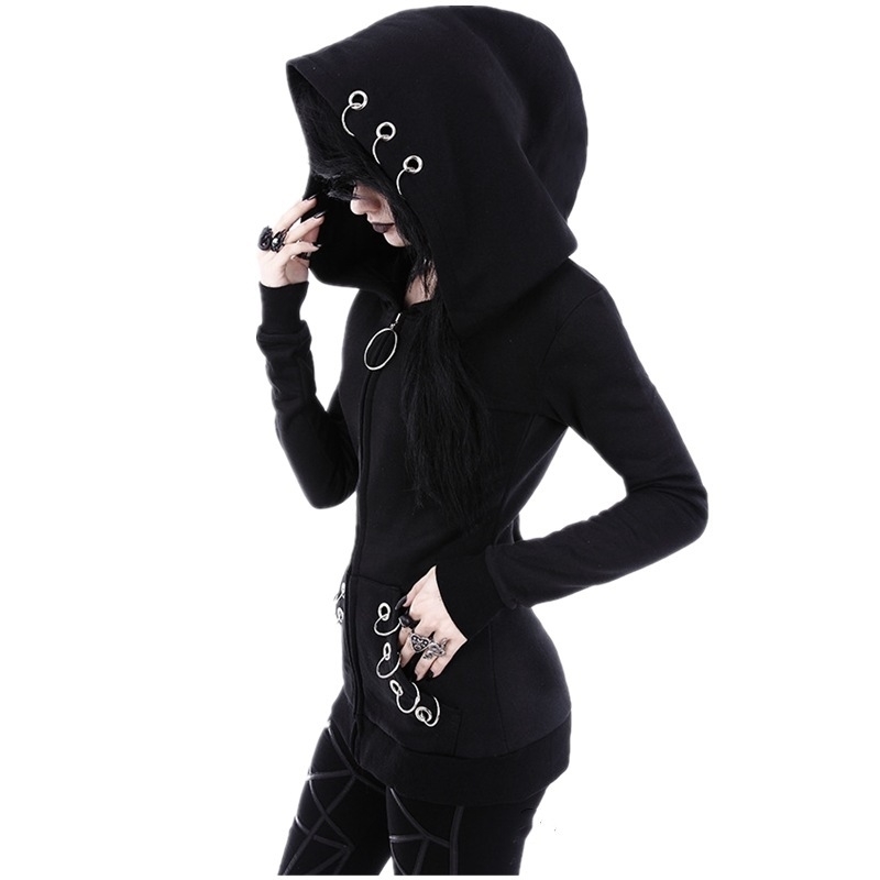 Women's Black Gram Long Sleeve Loose Hooded Hoop Hoodie Harajuku Cotton Streetwear Solid Hoodies Women 201127