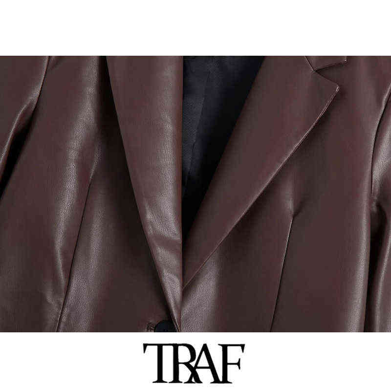 TRAF Women Fashion Faux Leather Blazer Coat Vintage Long Sleeve Welt Pockets Female Outerwear Chic Veste Femme 211116