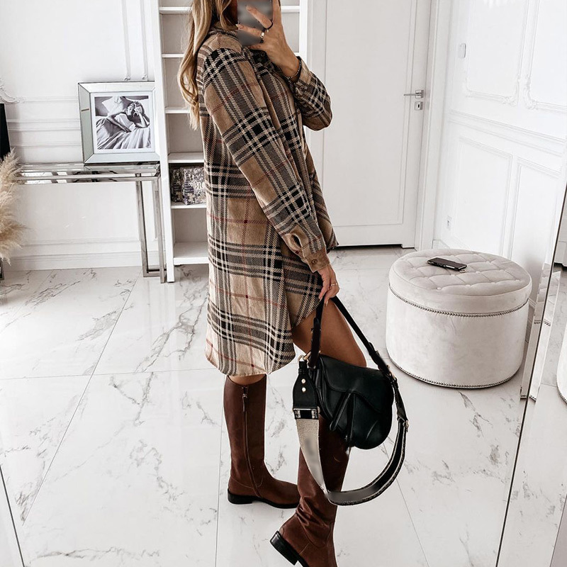 Autumn Plaid Printed Women's Mini Dress Long Sleeve Turn-Down Collar Button Female Dresses Streetwear Casual Loose Lady Clothes 210309