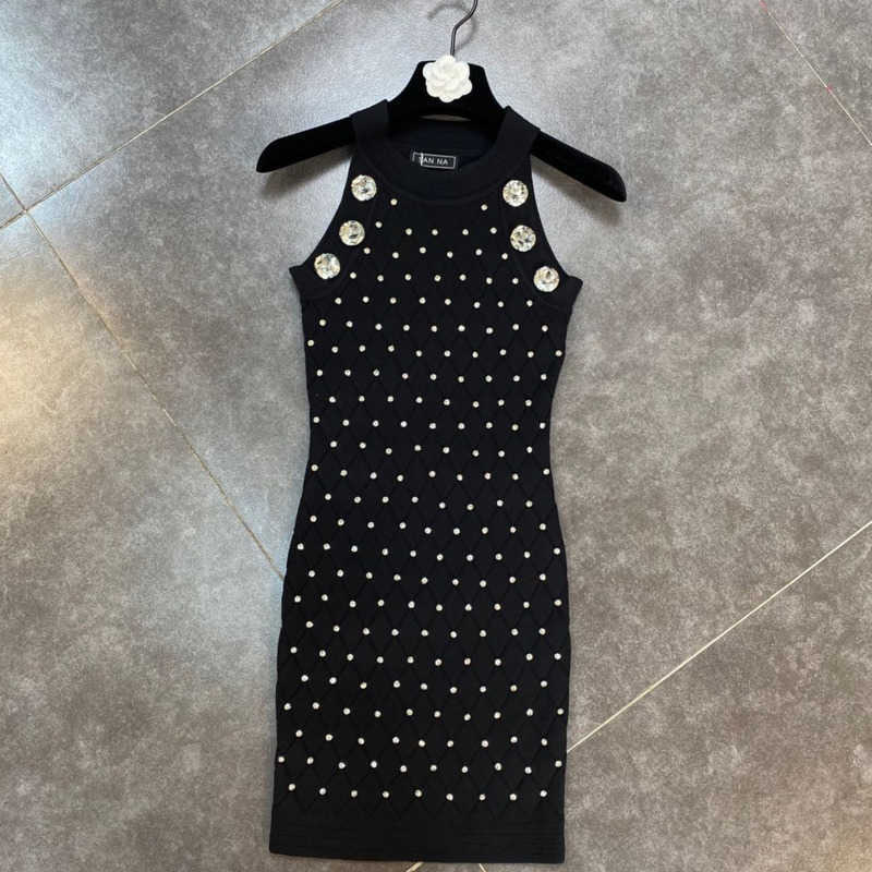 DEAT Summer Arrivals Sleeveless Double Breasted Diamonds Buttons High Waist Slim Shhort Mini Knitted Dress HR447 210709