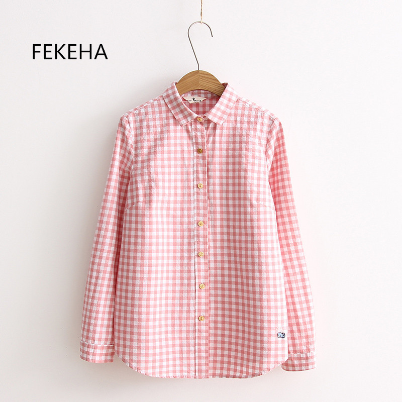 FEKEHA Cotton Long Sleeve Blouse Women With Embroidery Plaid Shirts For Women Autumn Blue Yellow Lady Tops Work Blouses Office 210225