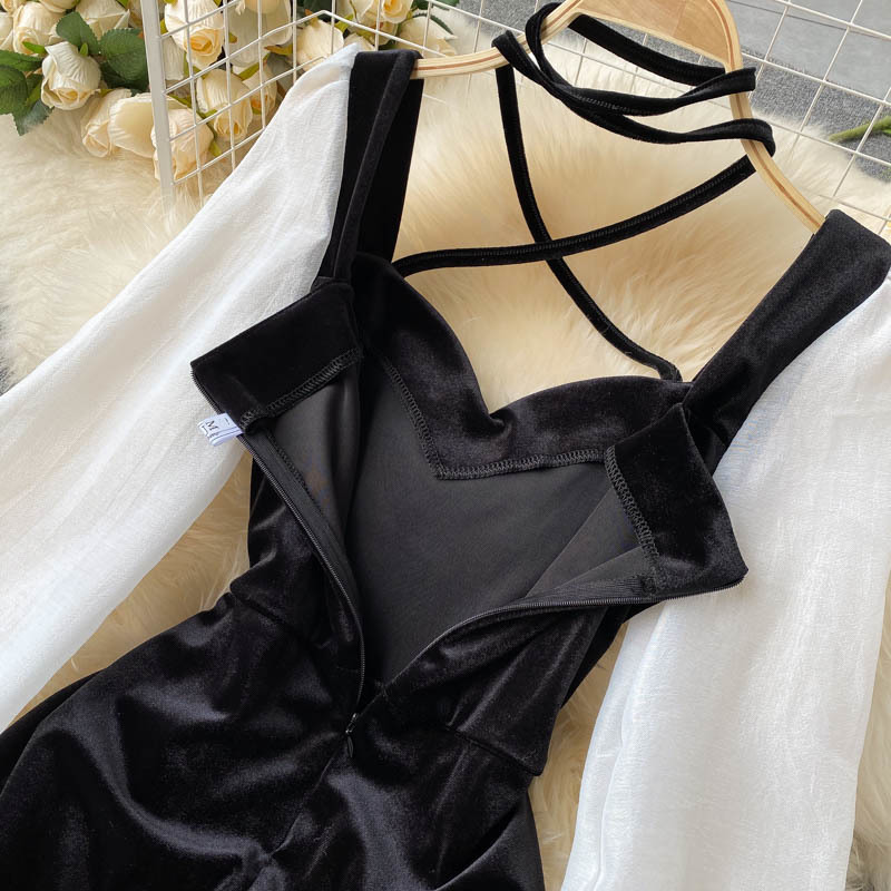 Autumn Winter BlackWhite Patchwork Dress For Women Sexy Halter Long Sleeve Party Dresses Female Velvet Vestidos Fashion 210303