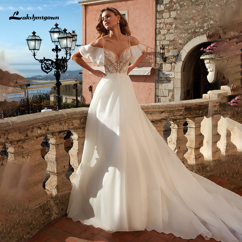 2021 Nouveau Mariage de style Hippie ES Backless White Dentelle Mousseline Boho Beach A-Line Robes de mariée Vestido de Novia 3Rgs