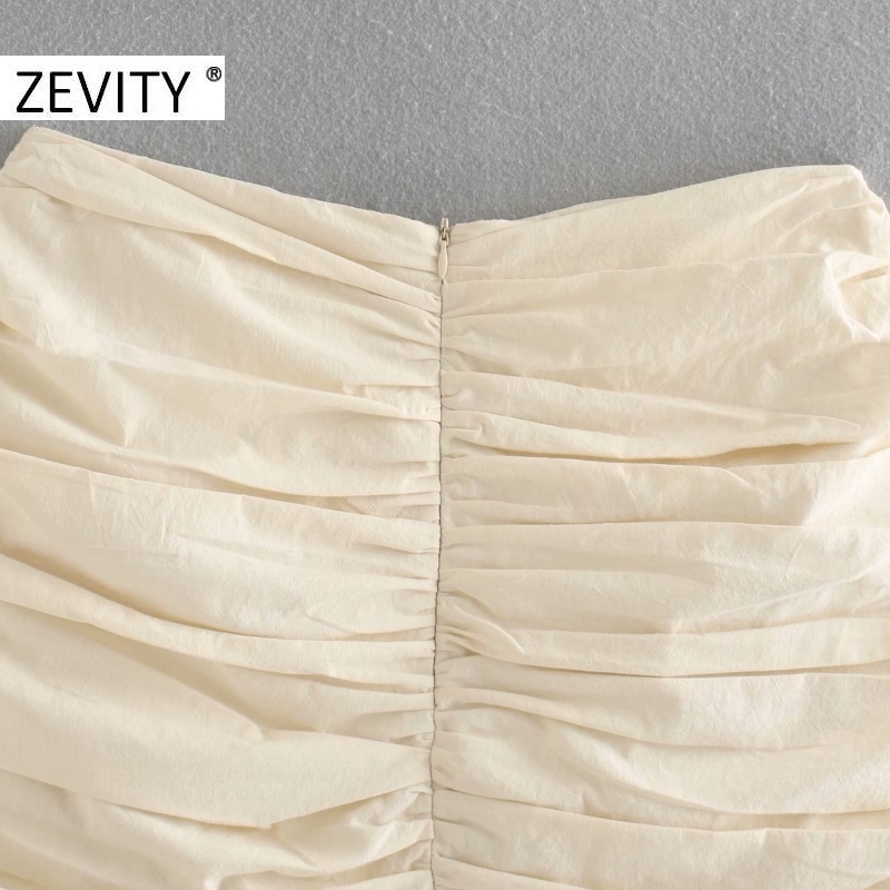 Zevity Women diamond button decoration pleated slim skirt faldas mujer ladies back zipper vestido chic hem ruffles skirts QUN675 210306