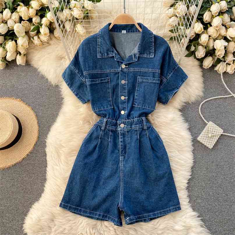 Women Jeans Playsuits Summer Turn-down Collar Short Sleeve Single Breasted Elastic Waist Pants Wide Leg Denim Romper 210603, Light blue
Women Jeans Playsuits Summer Turn-down Collar Short Sleeve Single Breasted Elastic Waist Pants Wide Leg Denim Romper 210603, Light blue