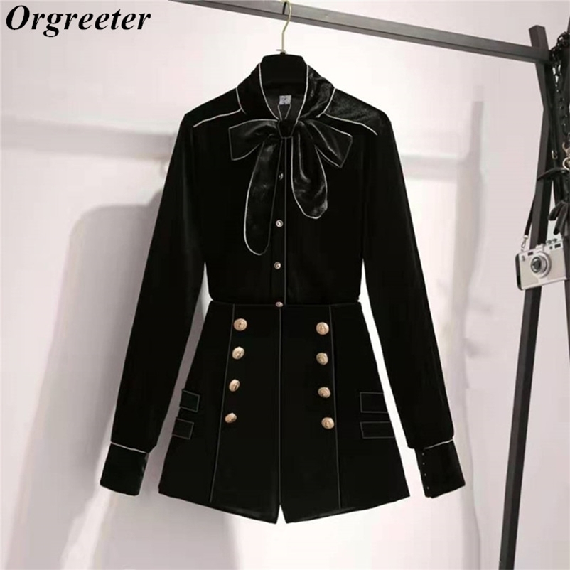 Autumn Golden velvet Shorts Suits Ladies Two piece set Bow lace up collar Shirts and Double-breasted High waist 210525, Black
Autumn Golden velvet Shorts Suits Ladies Two piece set Bow lace up collar Shirts and Double-breasted High waist 210525, Black