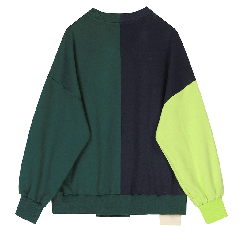 [EAM] Loose Fit Plaid Stitch Oversized Sweatshirt New Round Neck Long Sleeve Women Big Size Fashion Tide Spring LJ201130