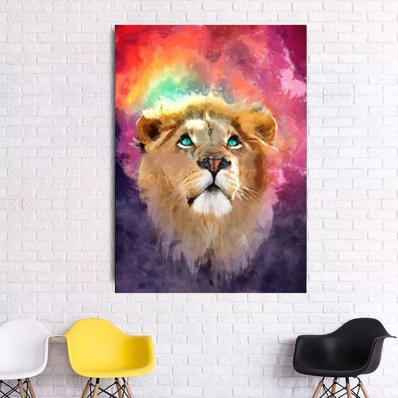 Multicolored Lion Face Modern Canvas Painting Animal Pictures Living-Room-Decor Wall Art Posters Abstract Prints