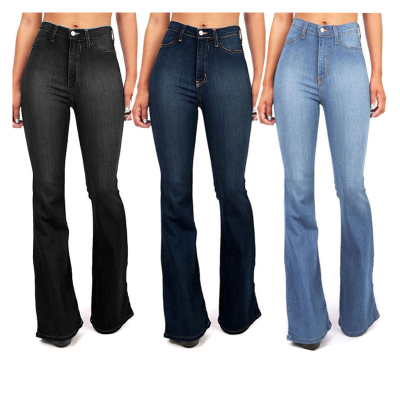 Slim Stretch Bell Bottom Pants Solid Color Women's Pants Flared Vintage High Waist Loose Casual Autumn Streetwear Women's Jeans 210222