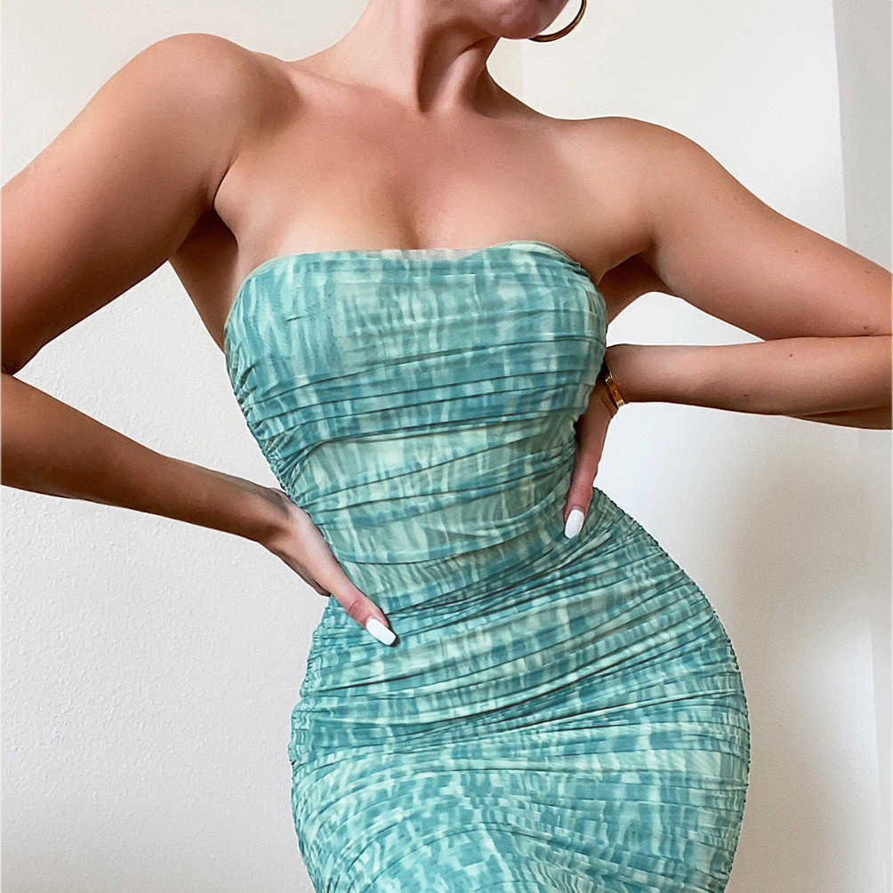 DEAT Spring Summer Fashion Sexy Double Layer Screen Sleeveless Printed Pleated Buttock Bra Dress Women SK776 210709