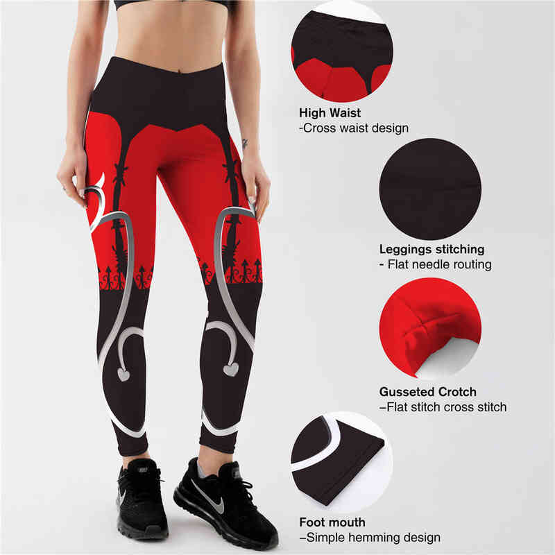 Sexy Heart Print Leggings Women Red Black Patchwork Sporting Pants Fashion Printed Women's Fitness 211204