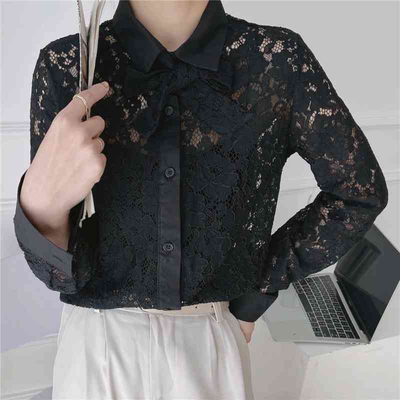 Elegant Women Black Hollow Out Shirts Fashion Ladies Floral Lace Tops Sweet Female Chic Slim Turn Down Collar Shirt 210527