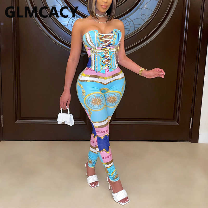 Two Piece Sexy Party Suits Lace Up Tube Top & Skinny Pants Set 210702