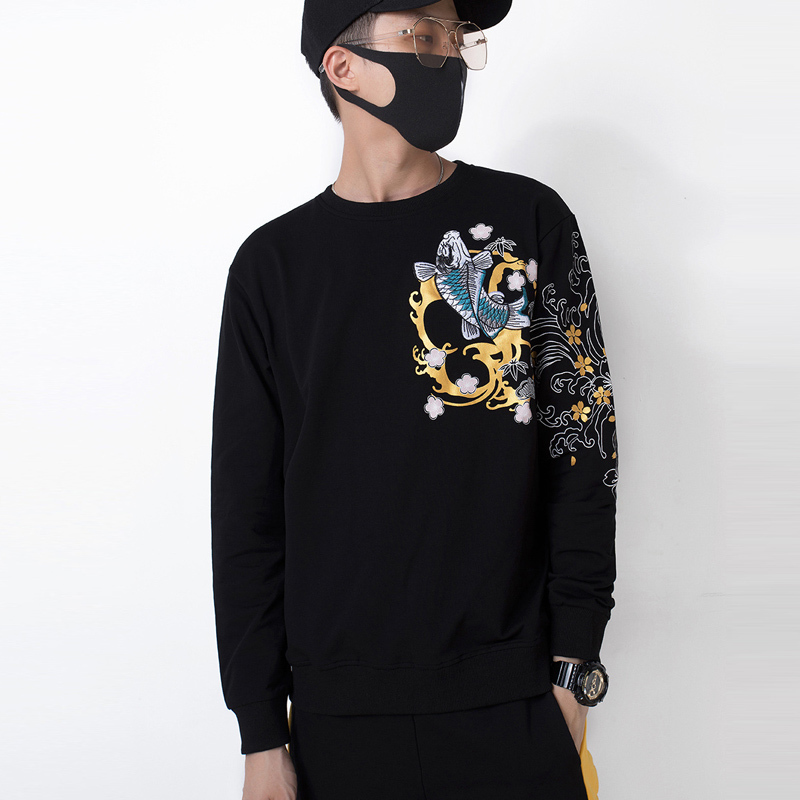 Autumn Winter Fashion Carp Embroider Hoodies Cotton Warm Thick Hip Hop Hoodie Men Couples US Size SXL 201020