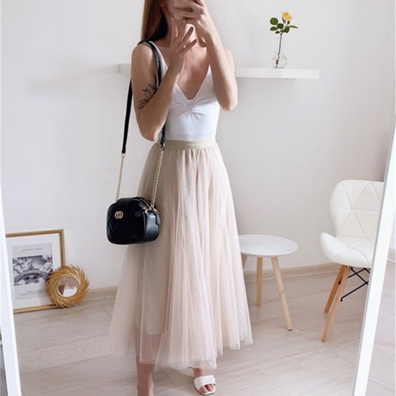 Tulle Skirt Mesh Elastic Tutu Spring Summer Korean High Waist Kpop Fashion Pleated Long Black/Khaki 210621