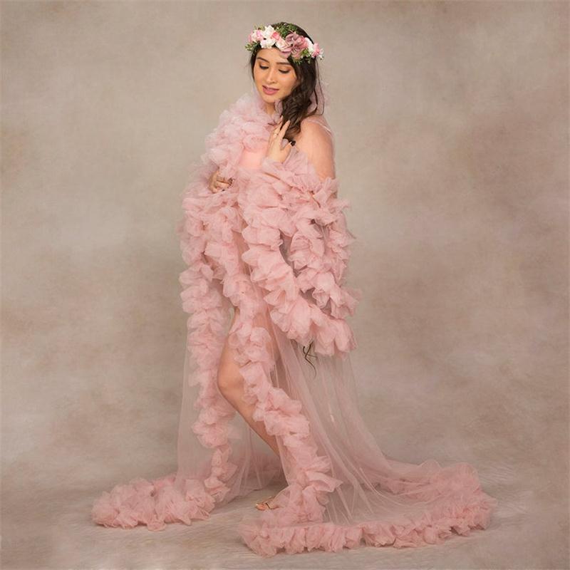 Sexy Ruffles Night Robe Bridal Long Sleeves Sleepwear See Through Plus Size Party Nightgowns Robes Custom Made