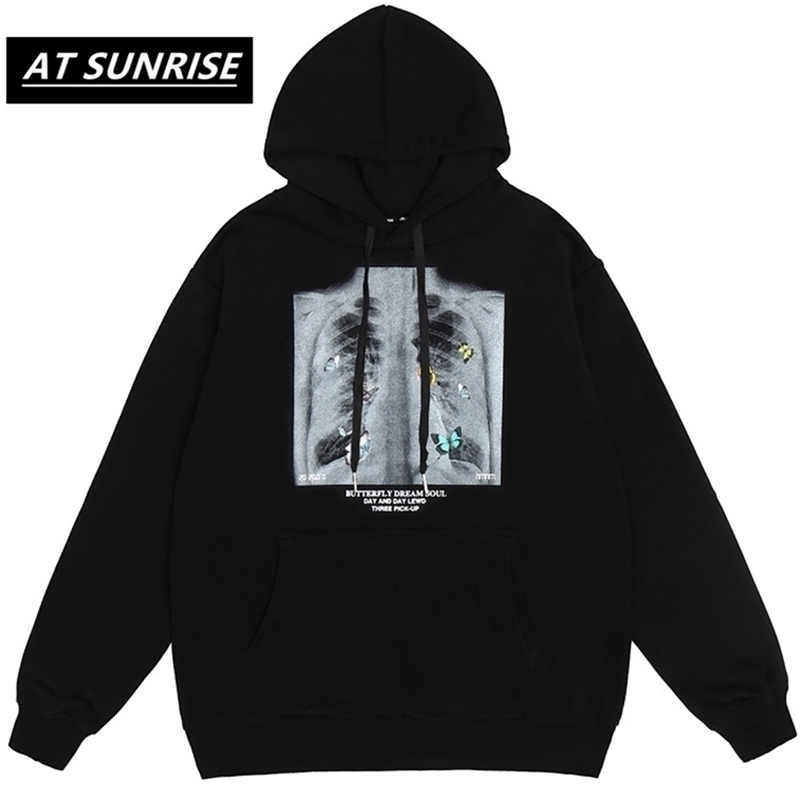 Hip Hop Oversize Hoodie Sweatshirt Men Streetwear Harajuku X-ray Butterfly Hooded Loose Hipster Fleece Hoodie Plus Size 201104