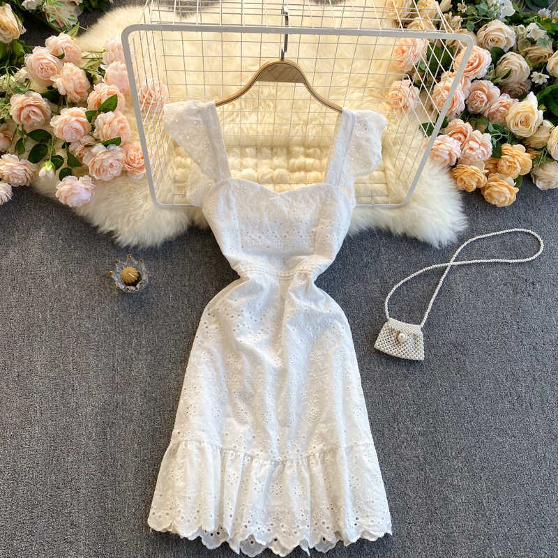 Spring Summer Fashion Women Lace Square Neck Backless Ruffled Sleeve Slimming Dress Solid Color Elegant Vestidos R327 210527