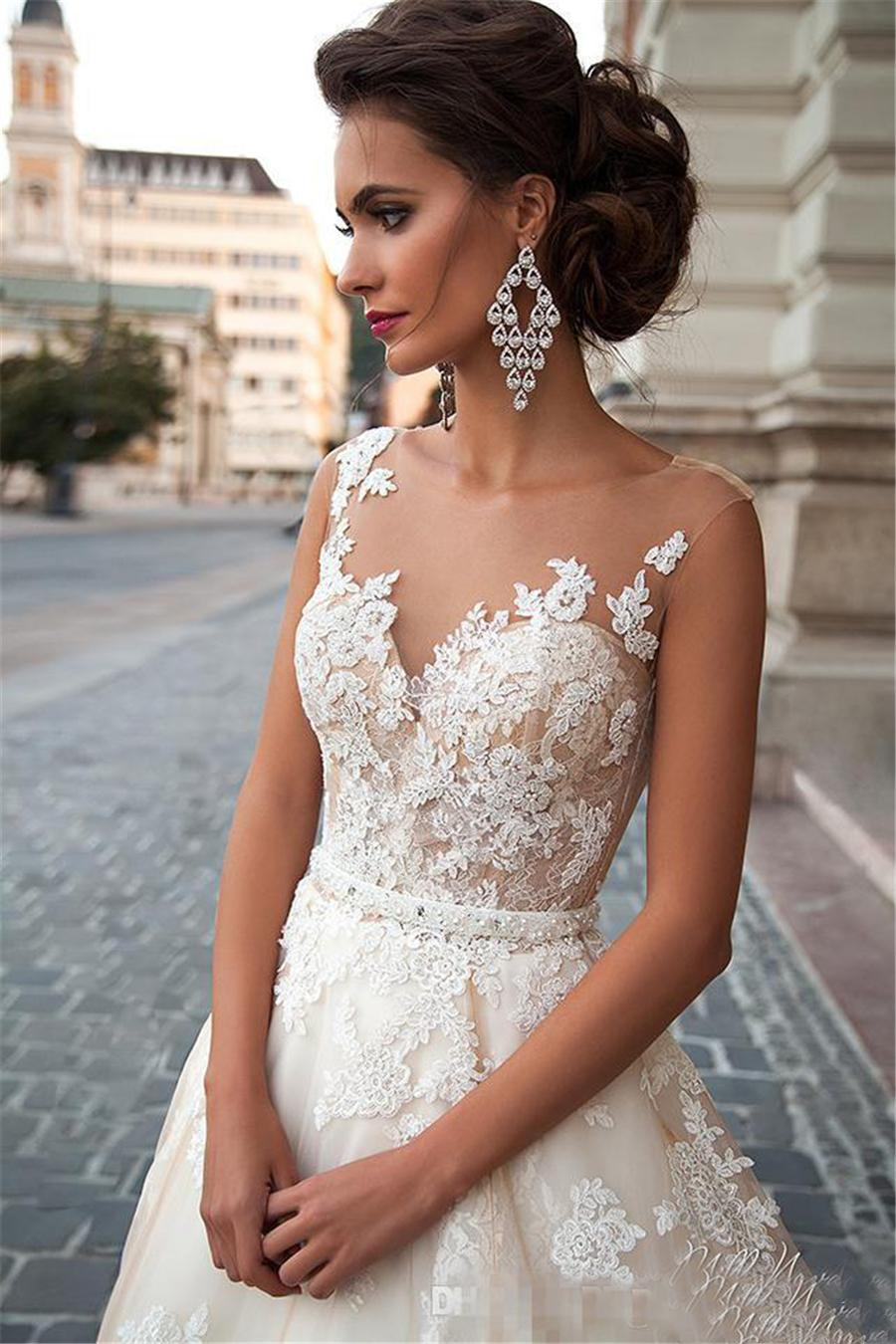 Sexy Lace A-Line Wedding Dresses 2021 Sheer Back Light Champagne Illusion Country Beach Wedding Dress Bridal Gowns Custom Made Vestidos