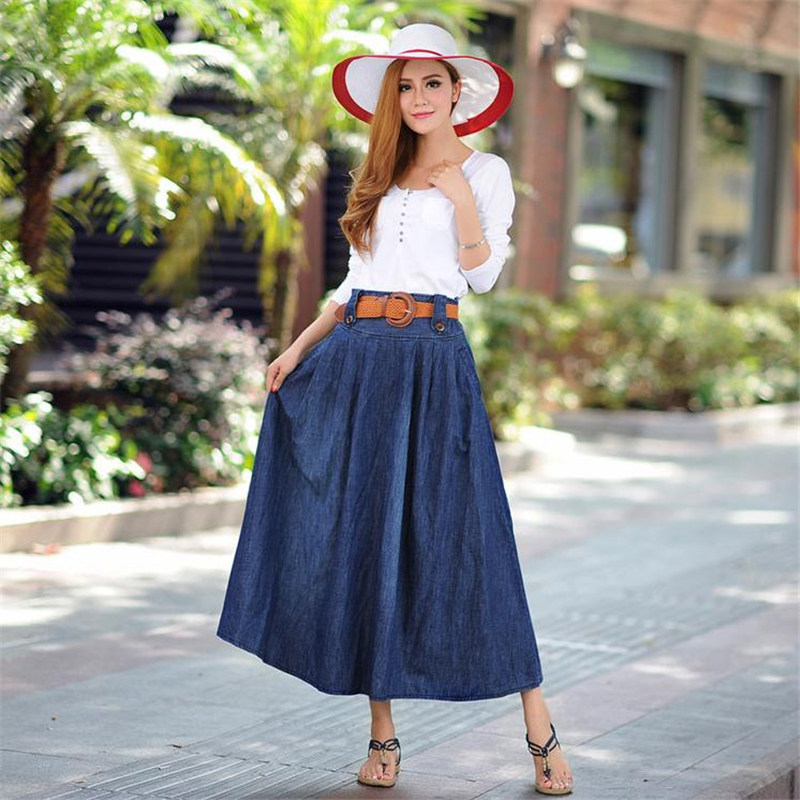 Merry Pretty Women Sashes Denim Pleated Autumn Elasticity Waist Long Jeans Casual Solid Midcalf Skirt 210309