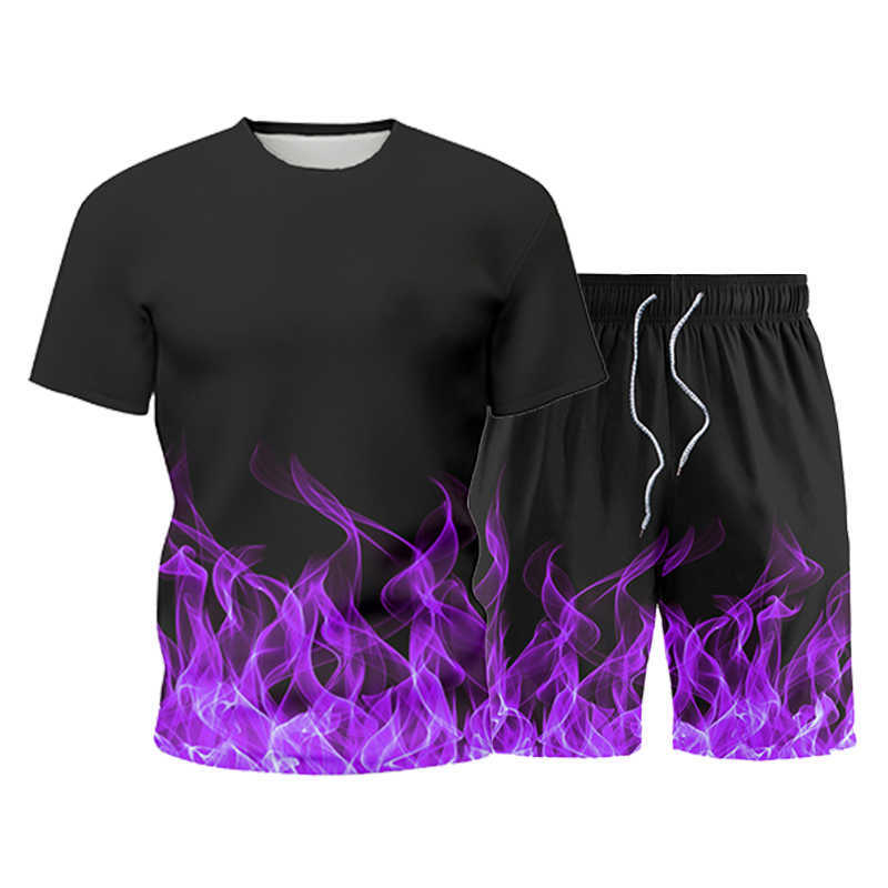 Summer Men's Sets Mens 2 Piece Outfit Sweat Suits Men Flame 3D Print T-Shirt+Shorts Male Sportswear Casual Fashion Tracksuit 210603