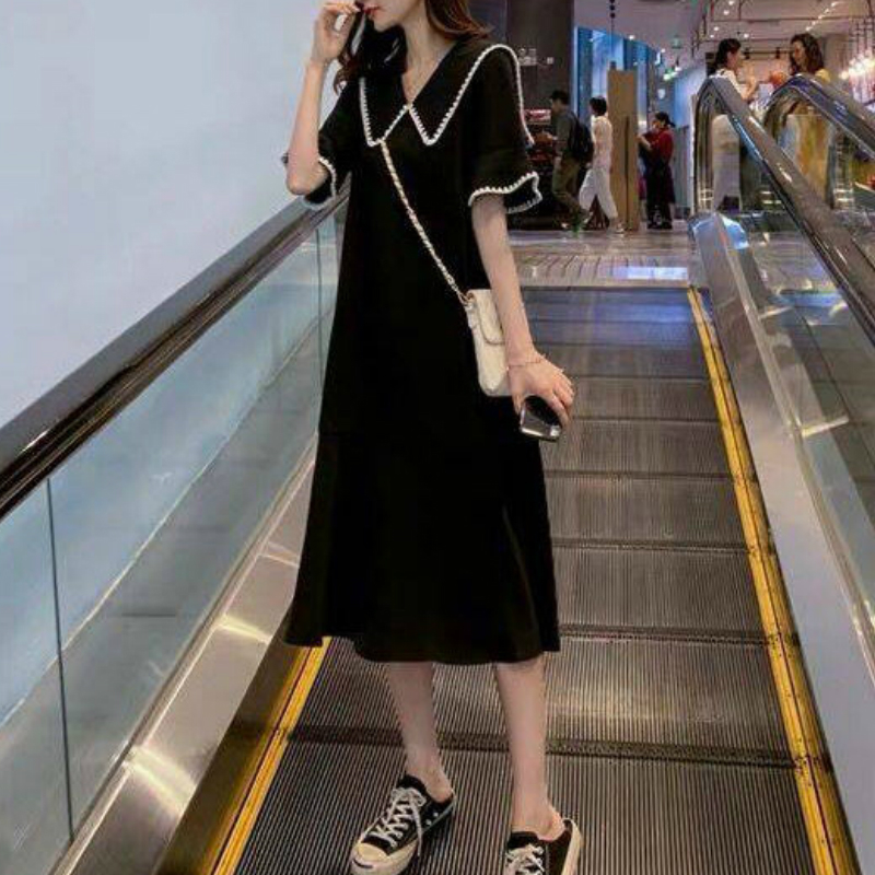 Women Black Dress Plus Size 4XL Loose Patchwork Fashion Sailor Collar Korean Style Chic Sweet Females Dresses Harajuku Simple C0304