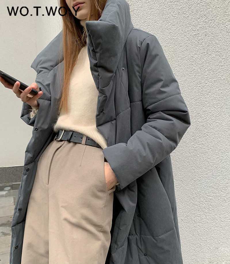WOTWOY Winter Thickening X-Long Parkas Women Wide-Waisted Loose Cotton Padded Jackets Female Green Grey Sashes Warm Windbreaker 210923