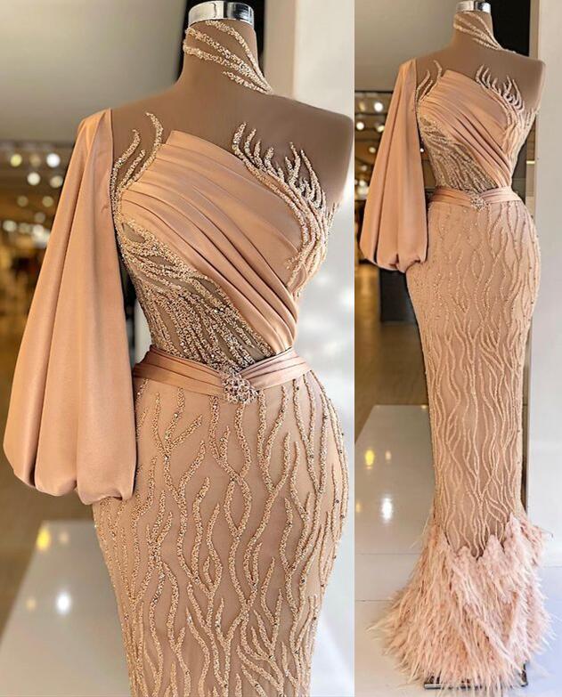 2022 Plus Size Arabic Aso Ebi Champagne Luxurious Mermaid Prom Dresses High Neck Beaded Evening Formal Party Second Reception Gowns Dress ZJ636
