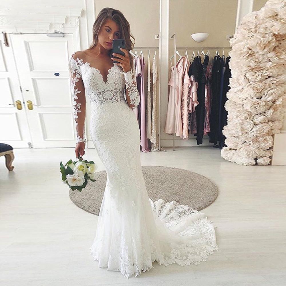 Gorgeous Lace Dresses Applique Mermaid Scoop Neck Long Sleeves Sweep Train Custom Made Beach Wedding Bridal Gown Vestido De Novia